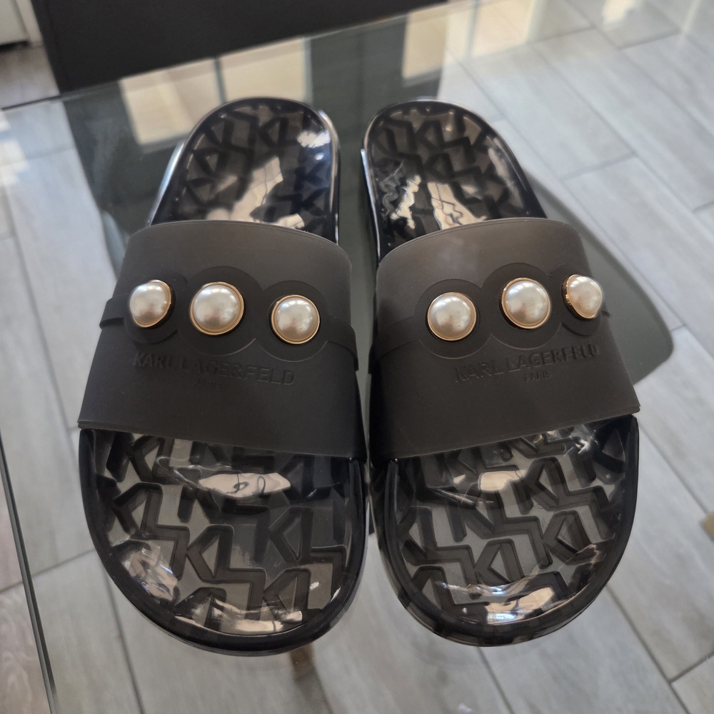 Karl Lagerfeld Black Slides with Pearl Details